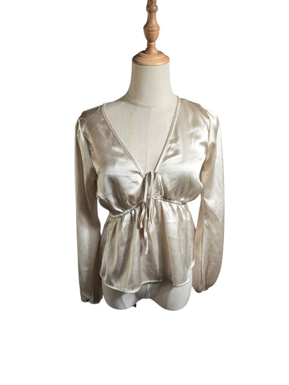 Abercrombie & Fitch Champagne  Satin V-Neck Tie-Front Blouse